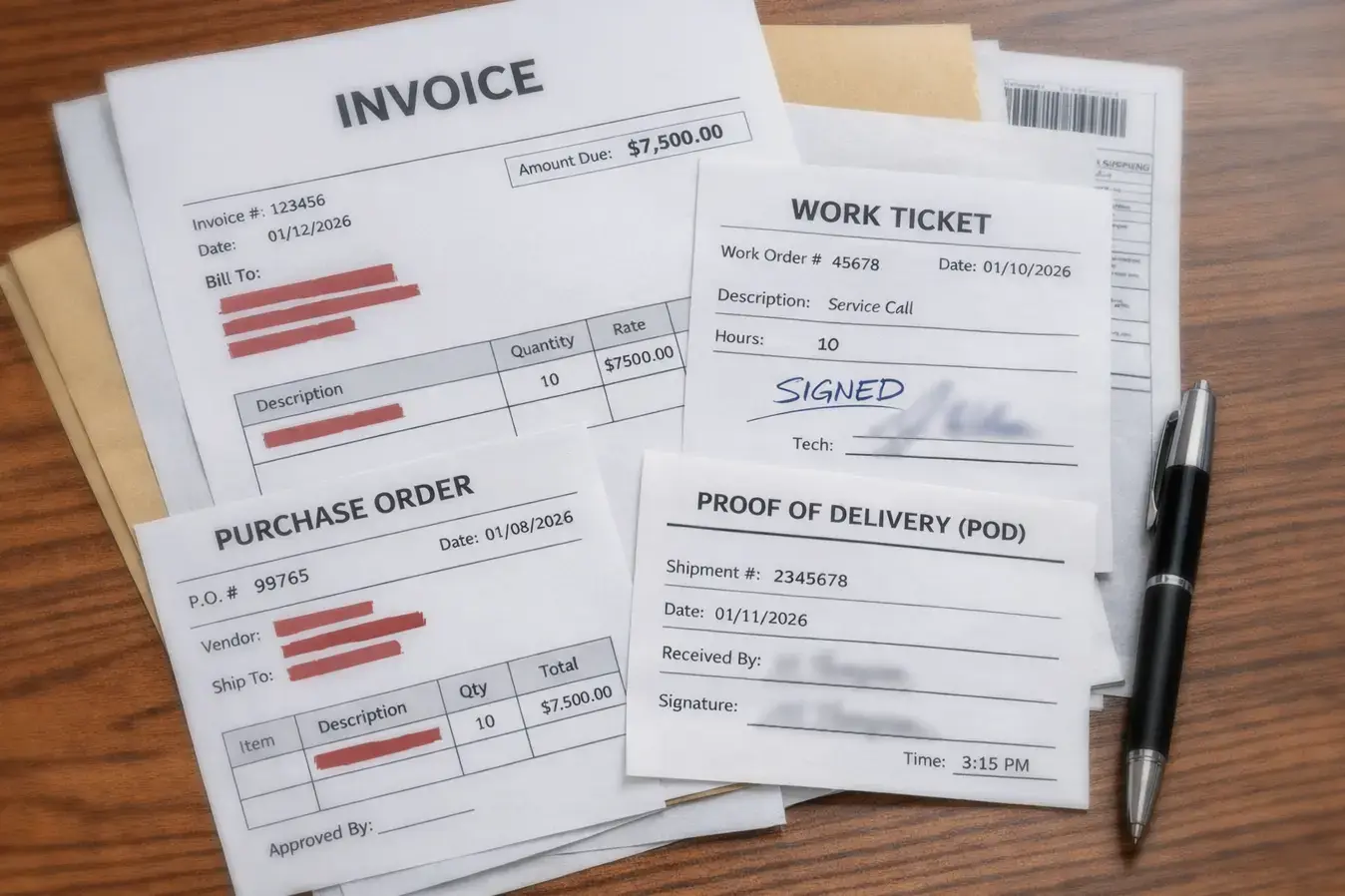 Invoice with PO and proof documents on a desk.