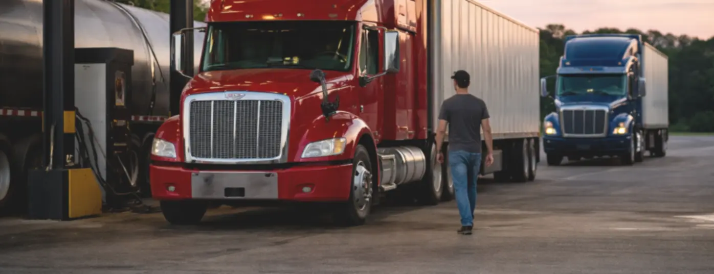 Trucks lined up at a fuel stop