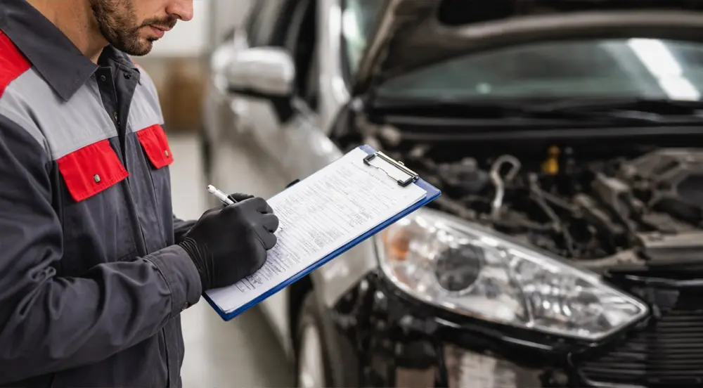 Collision repair technician reviewing a repair order next to a vehicle in a body shop
