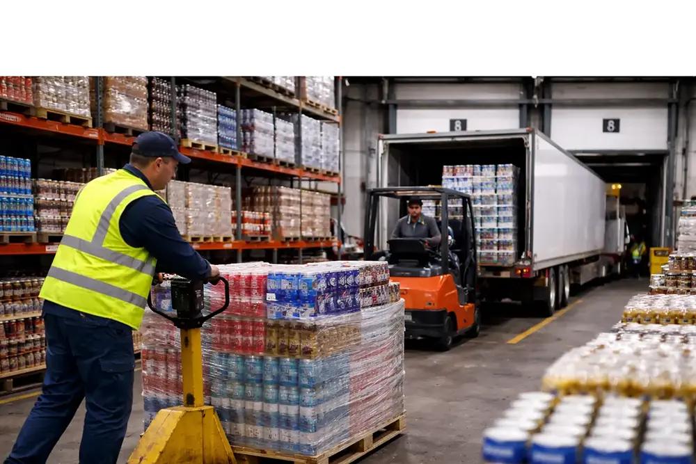 Beverage distribution warehouse loading drink pallets onto a trailer