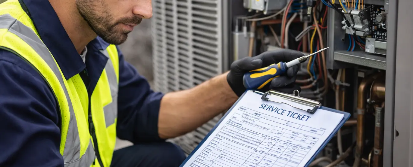 Facilities maintenance tech working on an HVAC unit while holding a service ticket clipboard