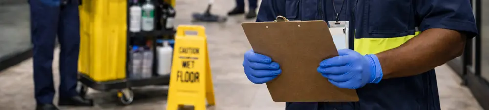Janitorial staff in office building lobby.