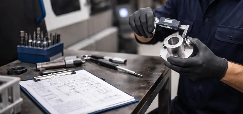 CNC machinist measuring a finished part with calipers beside a work order