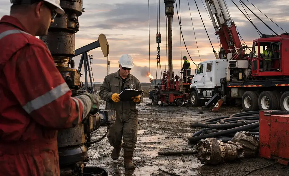 Oilfield workers at a wellhead with a service truck and pump jack in the background.