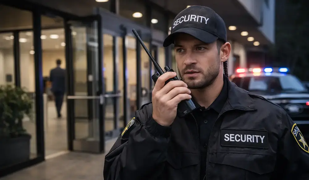Security guard outside a commercial building using a radio