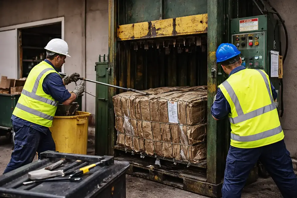 Workers operating a cardboard baler with a compressed bale